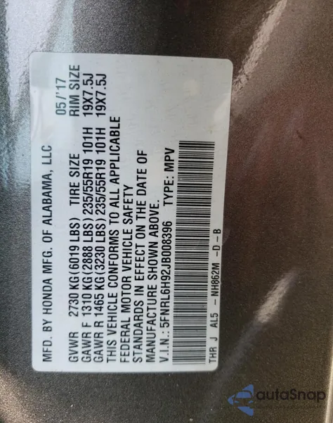 2018 Honda Odyssey Elite from USA, damaged, VIN 5FNRL6H92JB008396